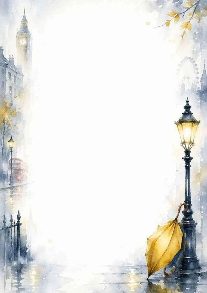 Watercolor border with street lamp, yellow umbrella, Big Ben, and a large blank center.