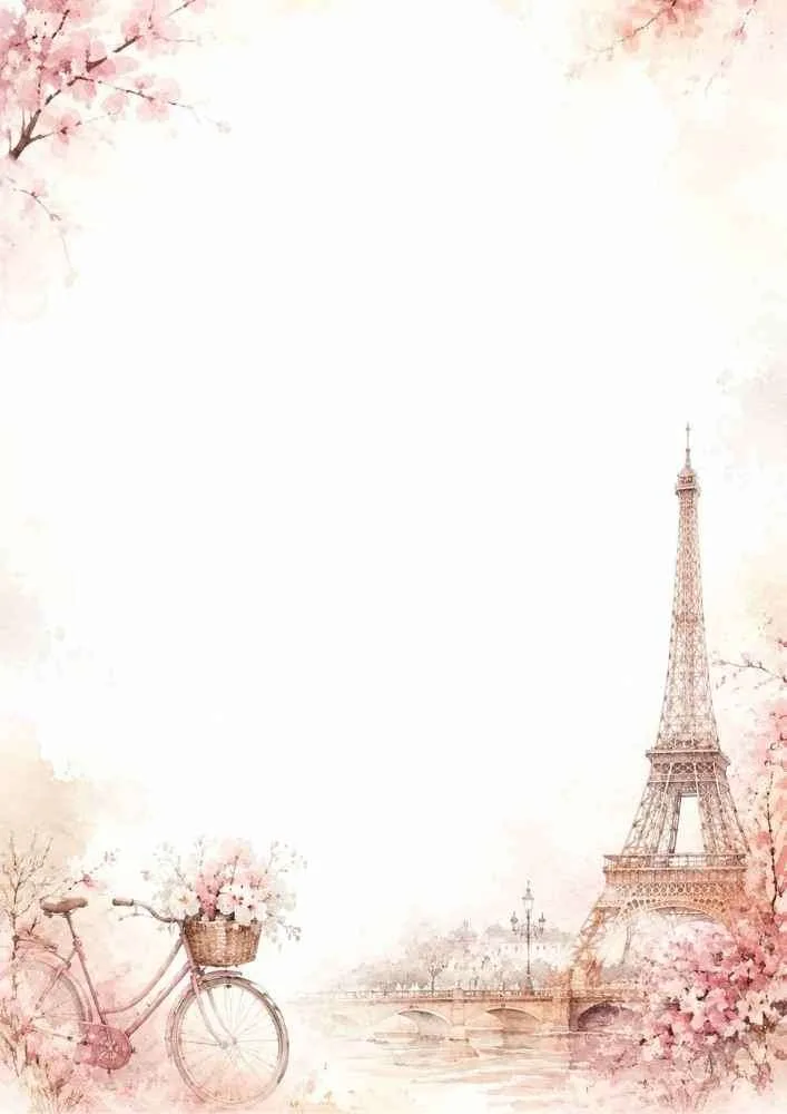 Watercolor border with Eiffel Tower, bicycle, cherry blossoms, and a large blank center.