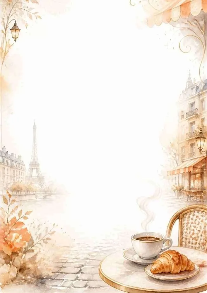 Watercolor border with coffee, croissants, Eiffel Tower, café buildings, and a blank center.