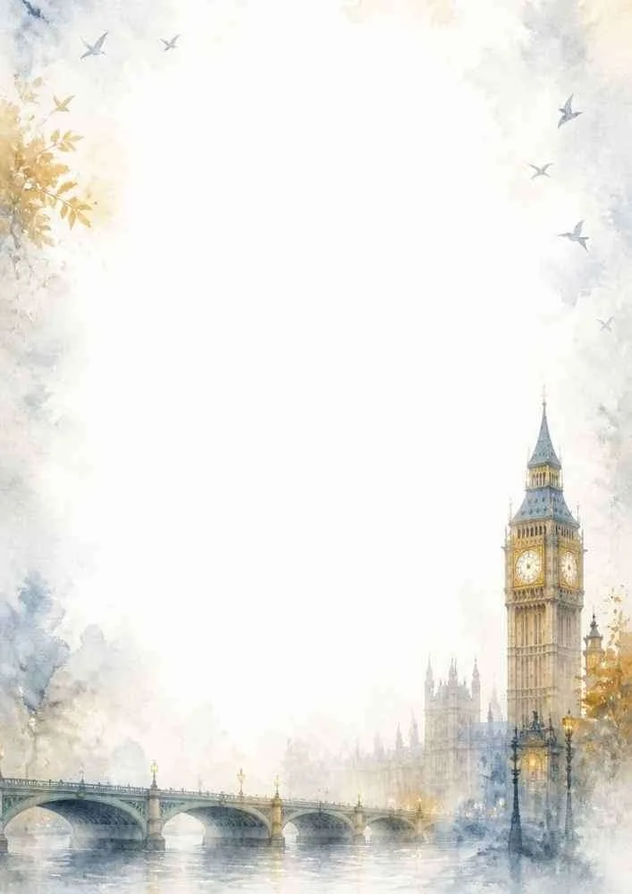 Watercolor border with Big Ben, Westminster Bridge, river, birds, and a large blank center.