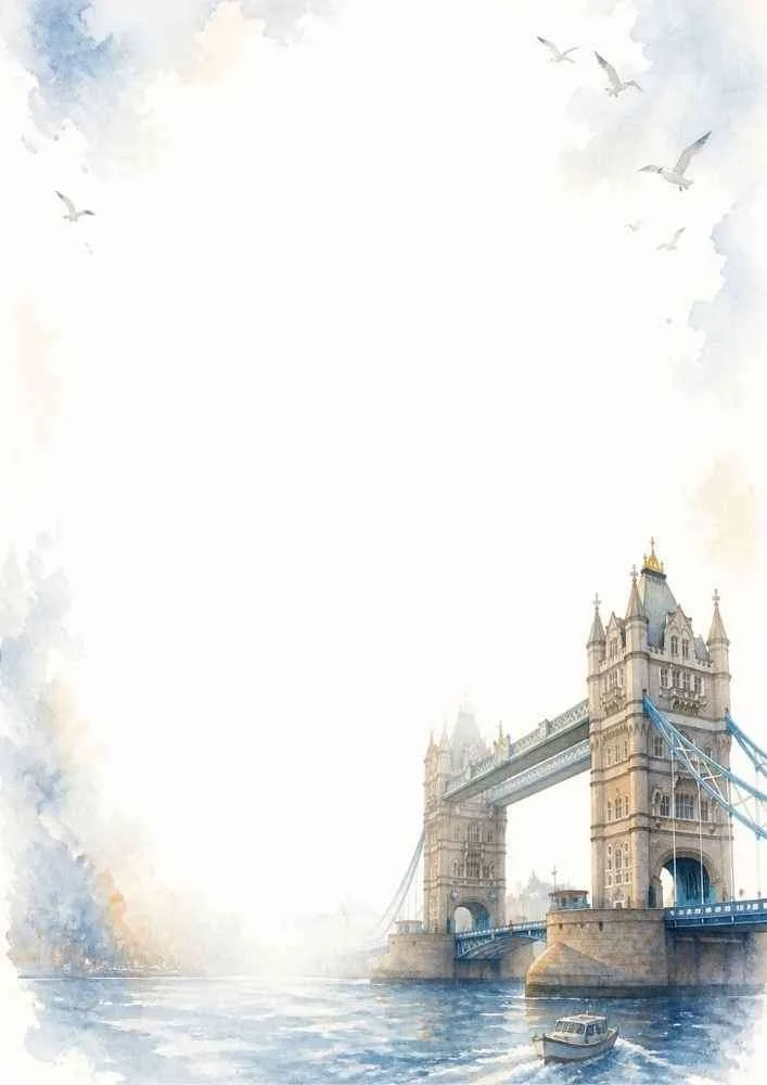 Watercolor border with Tower Bridge, river, boat, birds, and a large blank center.