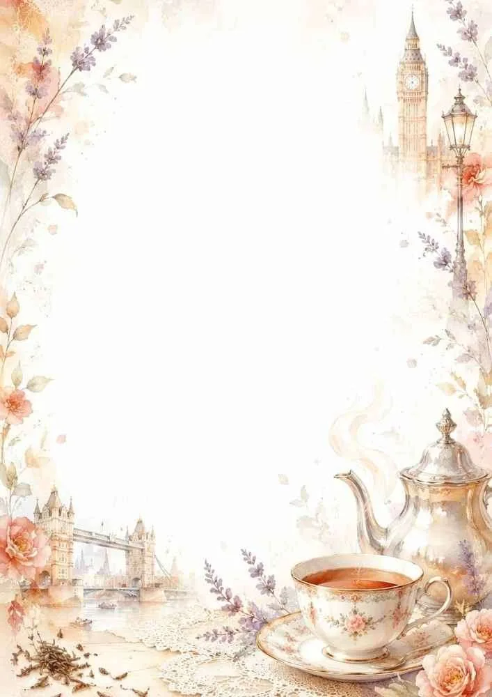 Watercolor border with teacup, teapot, flowers, Big Ben, Tower Bridge, and a blank center.