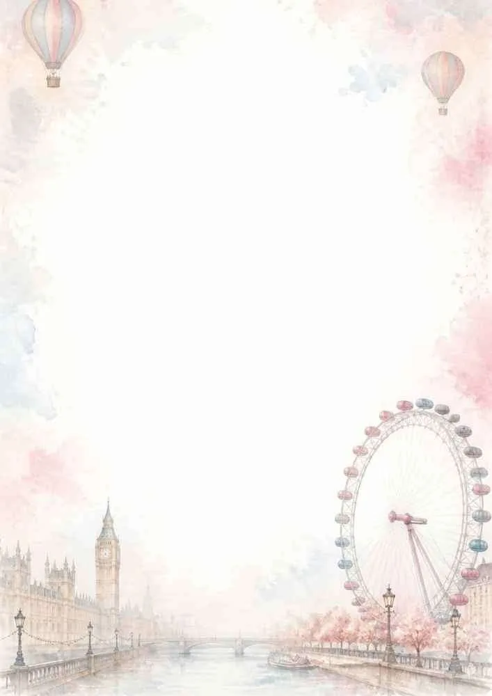 Watercolor border with London Eye, Big Ben, hot air balloons, river, and a blank center.