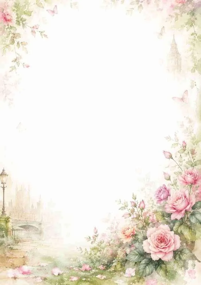 Watercolor border with pink roses, butterflies, Big Ben, and a large blank center.