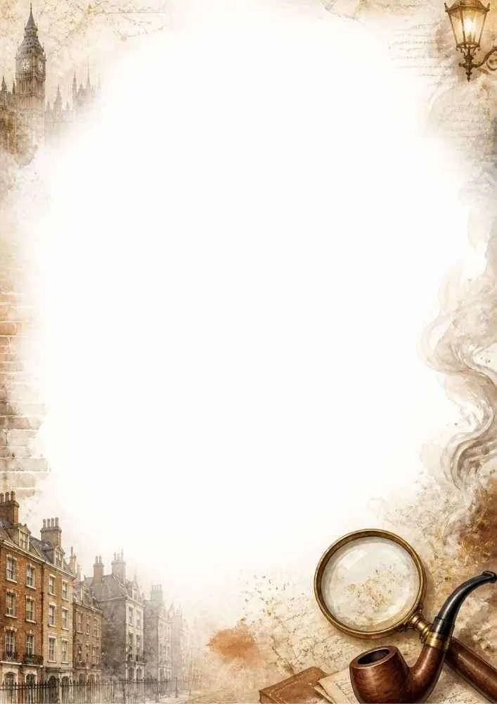 Watercolor border with books, magnifying glass, pipe, London buildings, and a blank center.