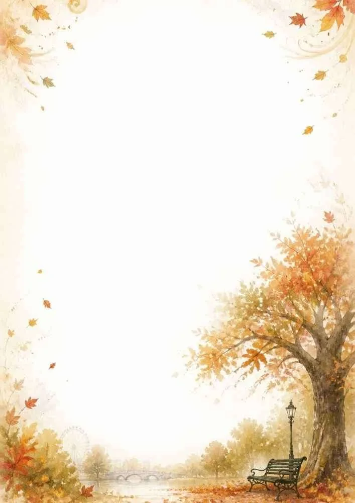 Watercolor border with autumn tree, bench, leaves, London skyline, and a blank center.