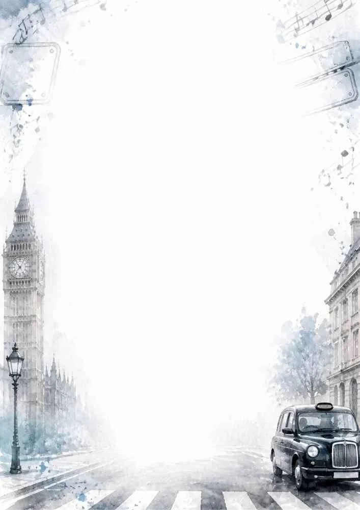 Watercolor border with black taxi, Big Ben, street lamps, and a large blank center.