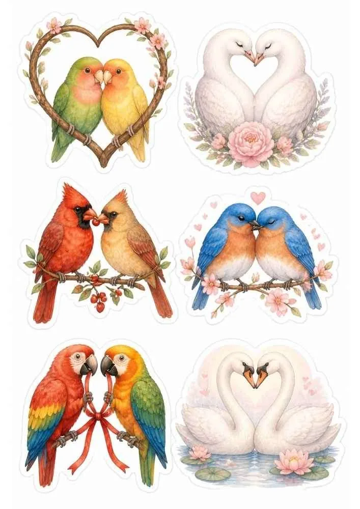 A collection of bird couple stickers with flowers, hearts, branches, swans, parrots, cardinals, and bluebirds.
