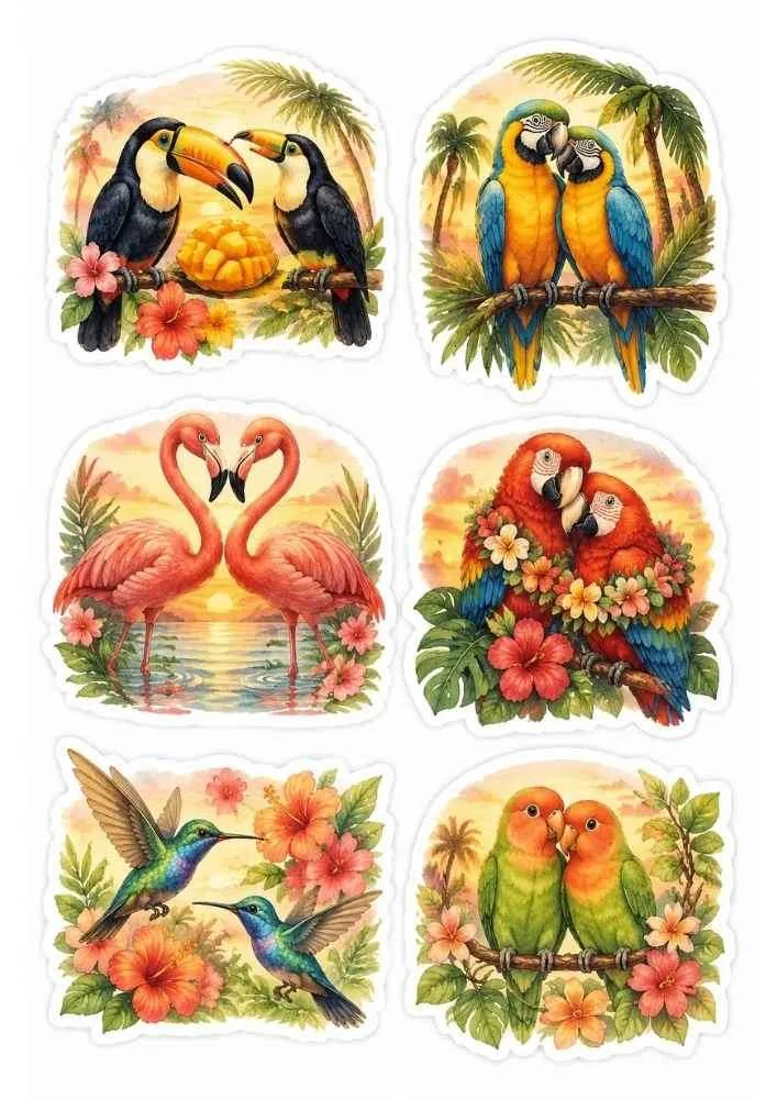 Toucans, macaws, flamingos, hummingbirds, lovebirds, tropical flowers, and palm trees.