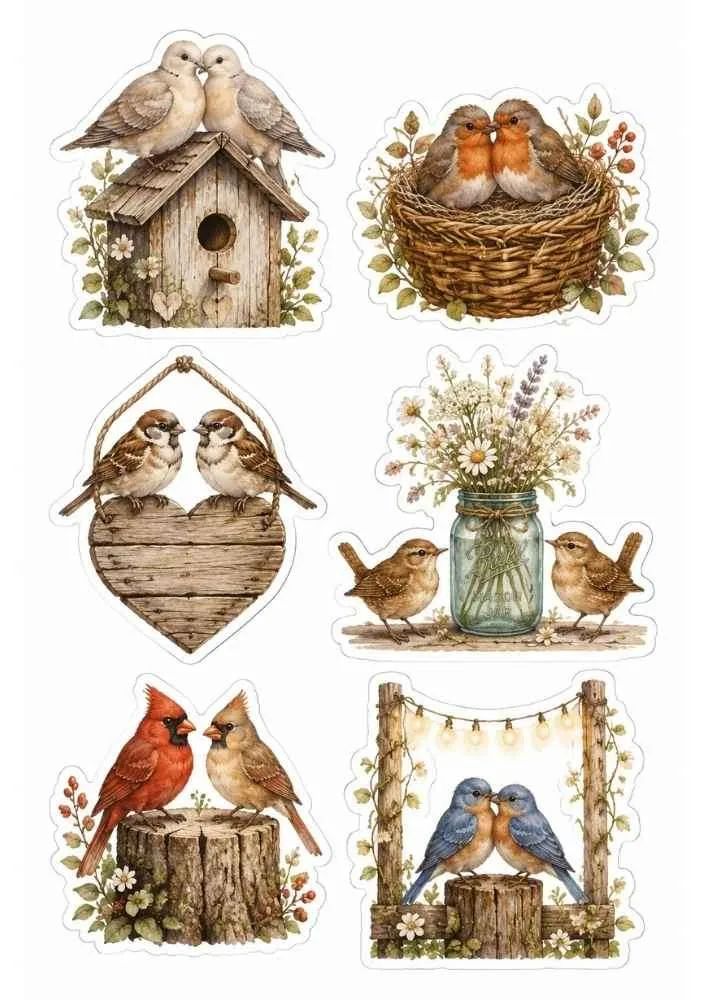 Birdhouse, nest, mason jar, sparrows, cardinals, bluebirds, flowers, and wooden decorations.