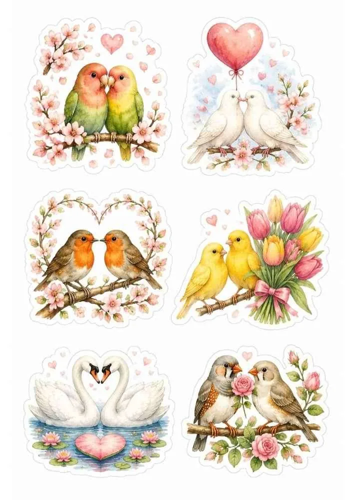 Lovebirds, doves, robins, swans, finches, tulips, roses, blossoms, and heart balloons.