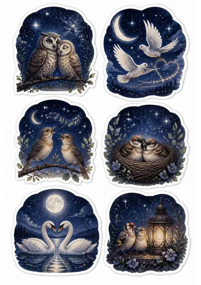Owls, doves, swans, sparrows, lantern, stars, moon, nest, and night sky.