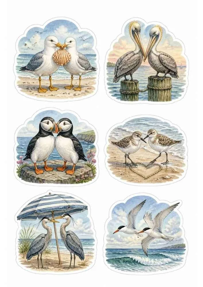 Seagulls, pelicans, puffins, sandpipers, herons, shells, beach, waves, and umbrella.