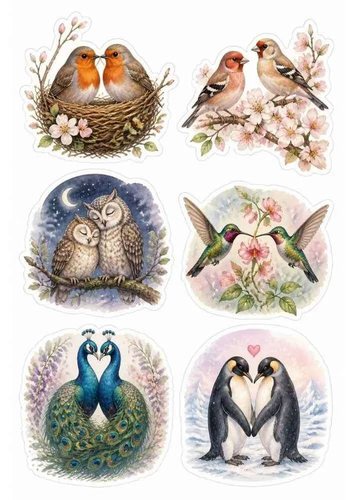 Sticker collection with robins, owls, hummingbirds, peacocks, penguins, nests, flowers, and leafy branches.