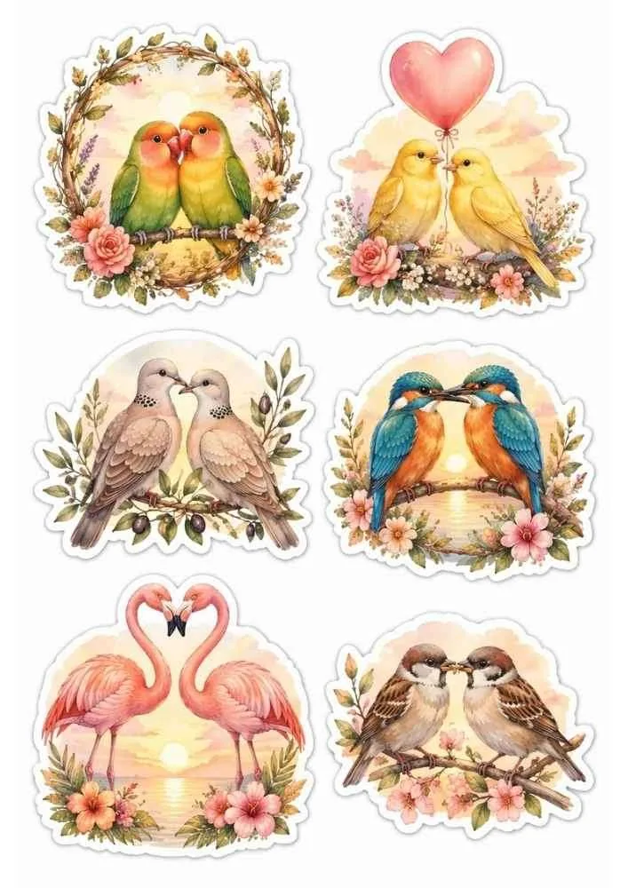 Bird pairs with flowers, flamingos, kingfishers, doves, sparrows, and blooming plants.