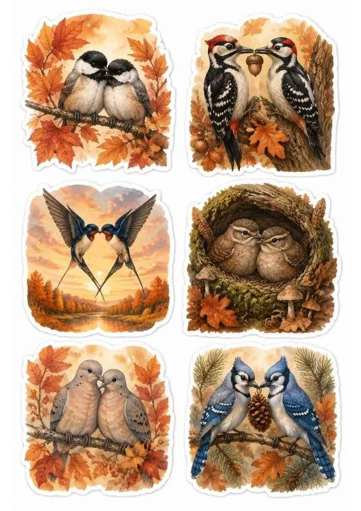 Bird couples with autumn leaves, nests, pinecones, woodpeckers, swallows, and blue jays.