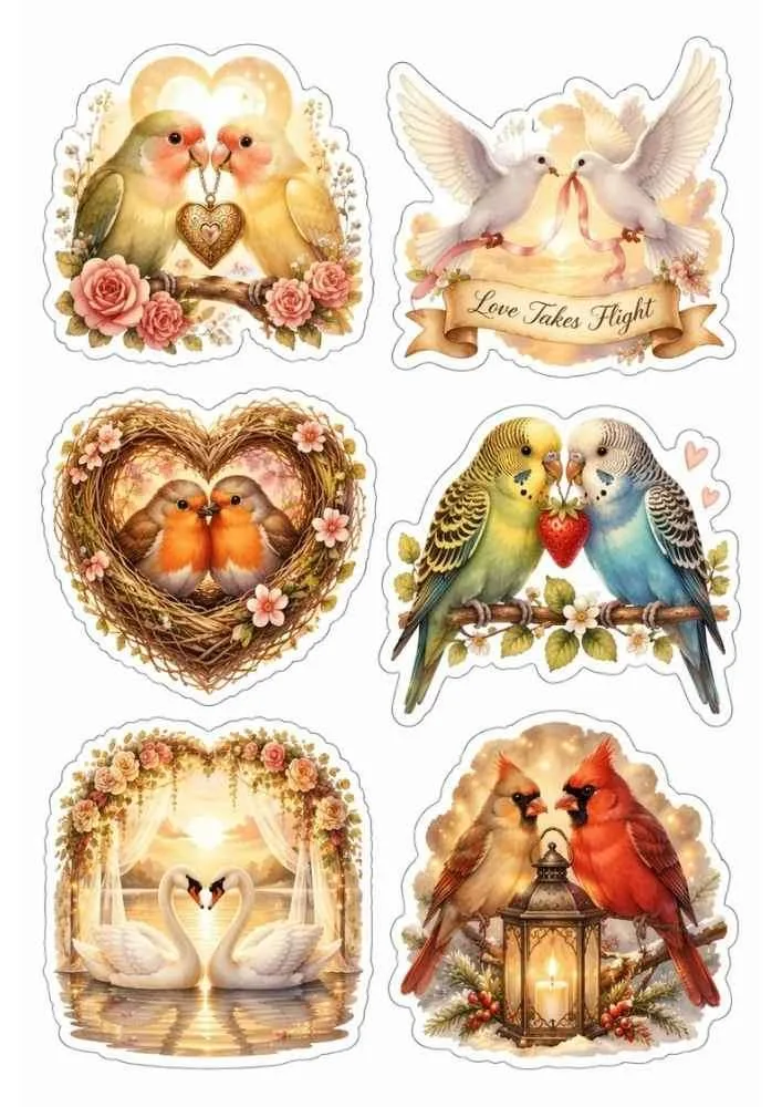 Love birds, doves, swans, cardinals, budgies, flowers, lanterns, and heart decorations.