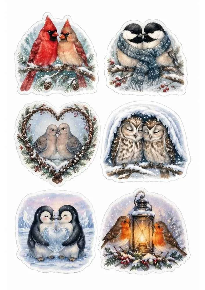 Cardinals, owls, penguins, robins, lantern, snow, scarves, and winter branches.