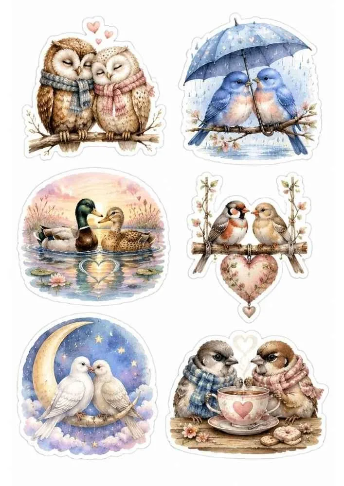 Owls, bluebirds, ducks, doves, sparrows, umbrella, teacup, moon, and lake.
