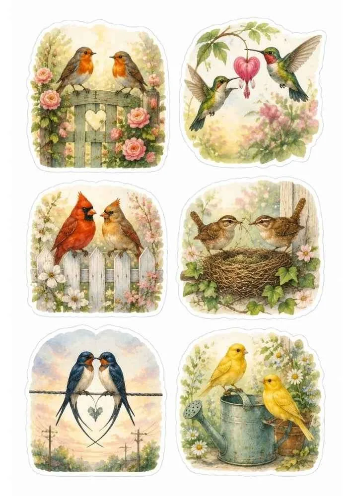 Robins, hummingbirds, swallows, wrens, yellow birds, flowers, fences, nests, and watering can.