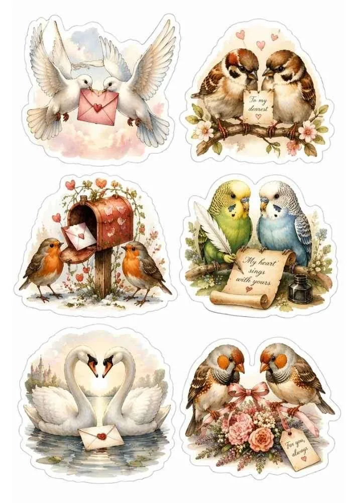 Doves, sparrows, budgies, swans, envelopes, letters, flowers, and small heart decorations.