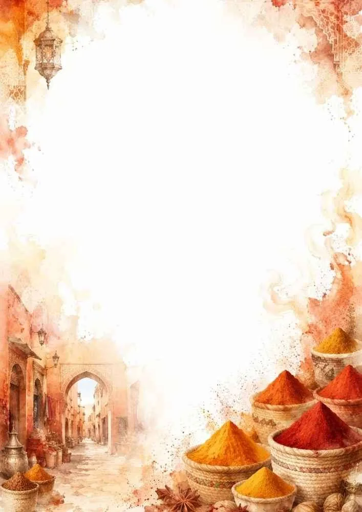 Watercolor border with Moroccan spices, lanterns, and a Marrakech market.