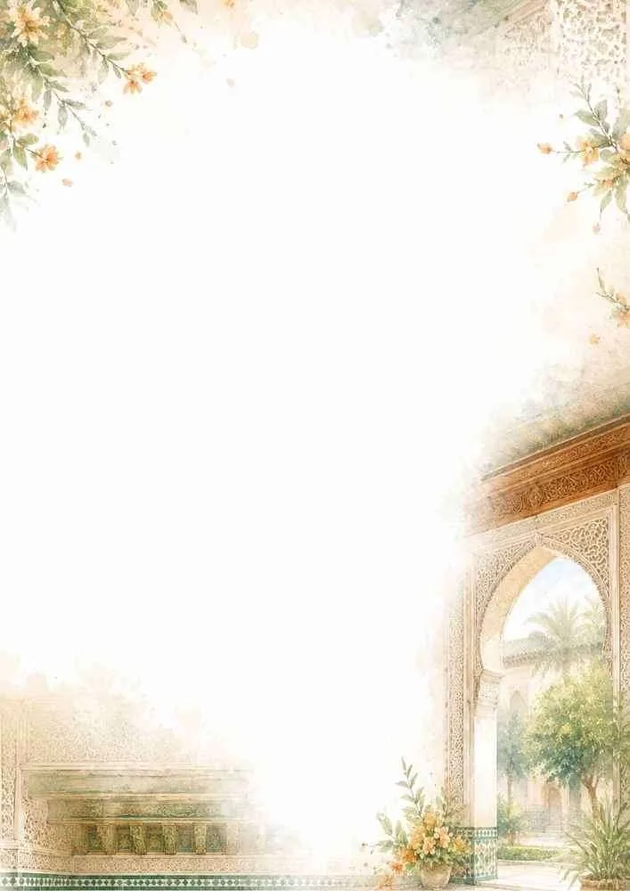 Watercolor border with Moorish arches and a palace garden.