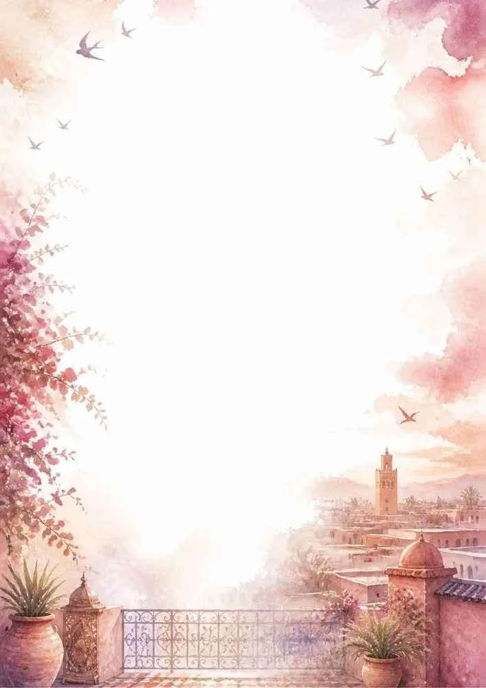 Watercolor border with Marrakech rooftops, flowers, and distant minarets.