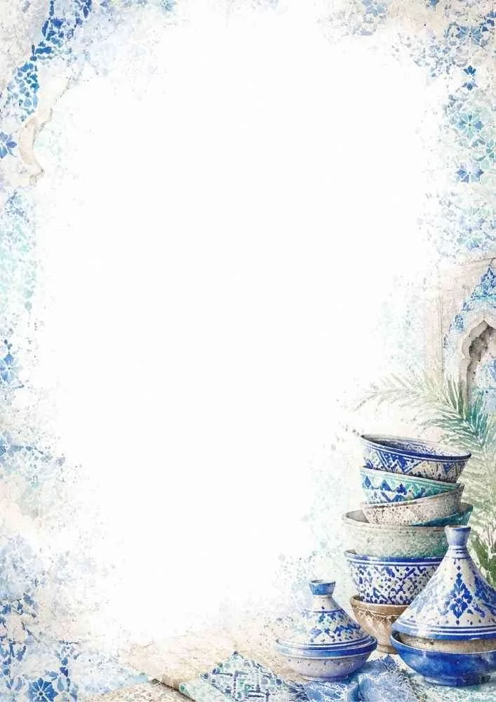 Watercolor border with blue Moroccan tagines and decorative pottery.