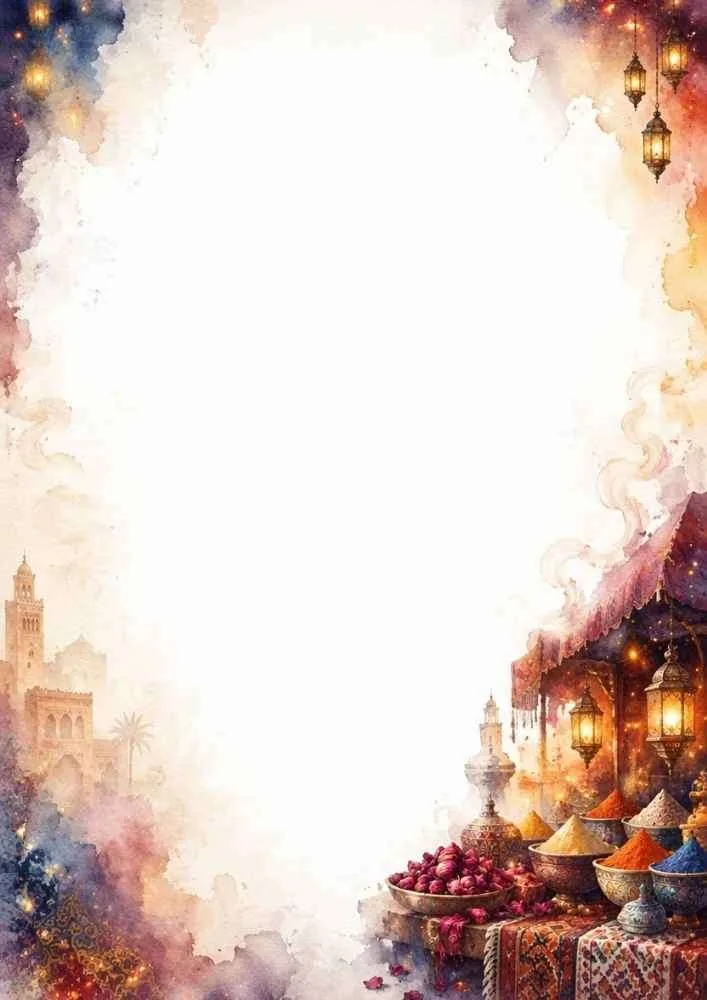 Watercolor border with lanterns and a colorful Marrakech night market.