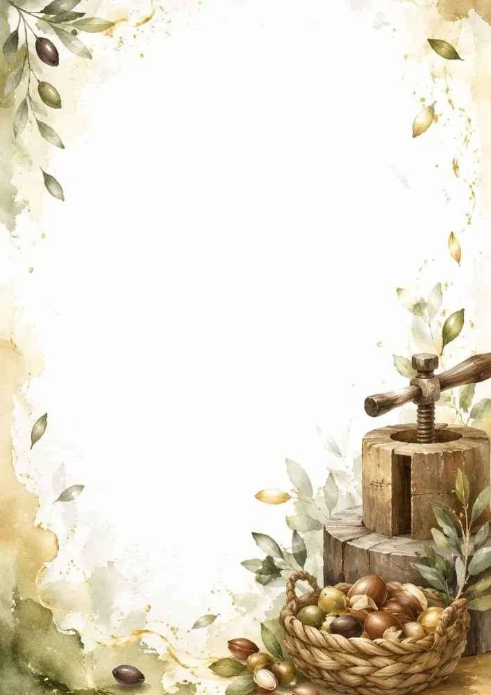 Watercolor border with olives, olive branches, and a wooden olive press.