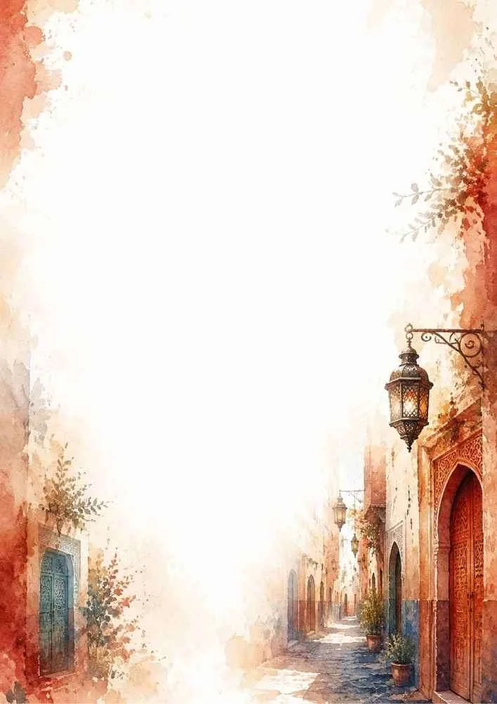 Watercolor border with a Moroccan medina alley, colorful doors, and lanterns.