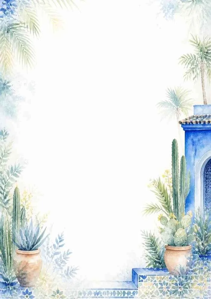 Watercolor border with blue Moroccan architecture, palms, and cacti.