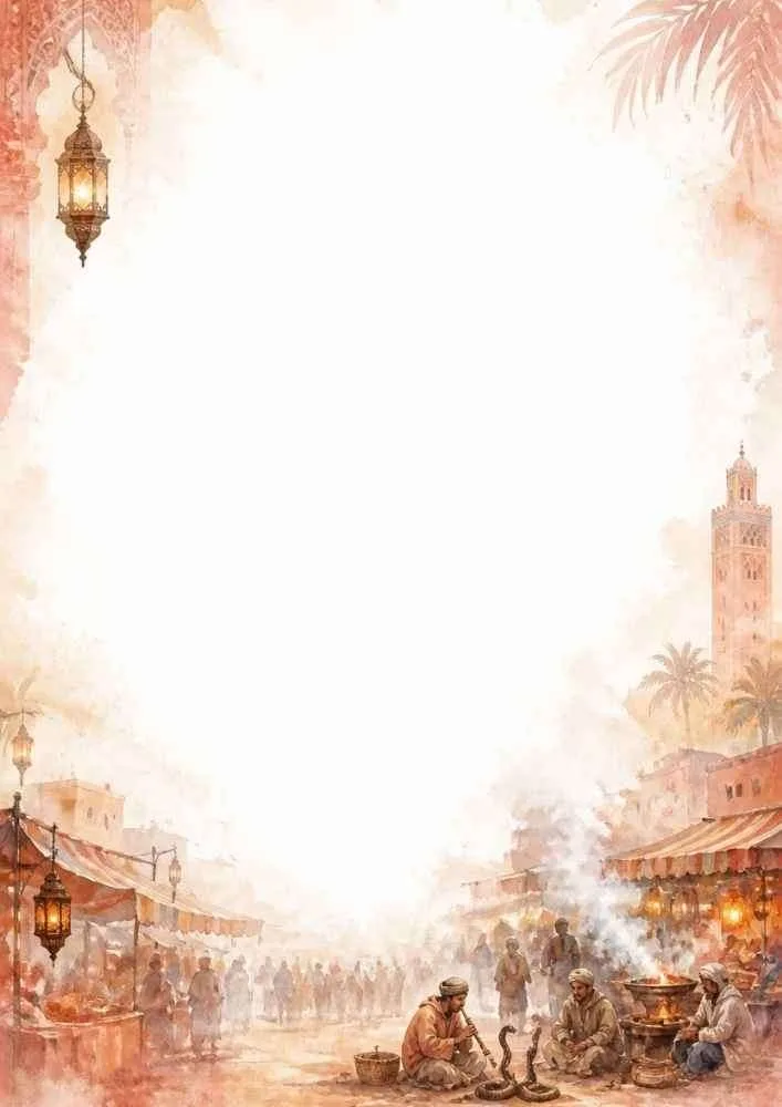 Watercolor border with a lively Marrakech market and traditional lanterns.