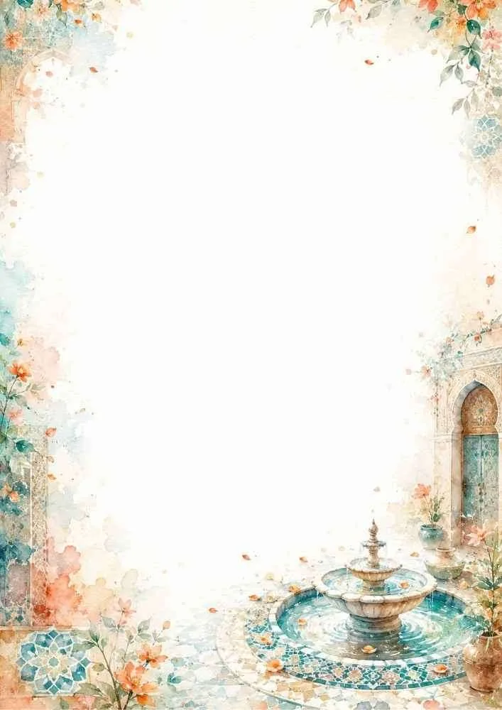Watercolor border with a Moroccan courtyard fountain and mosaic tiles.