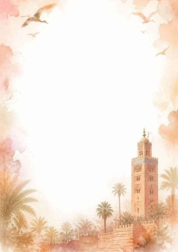Watercolor border with the Koutoubia Minaret, palm trees, and birds.
