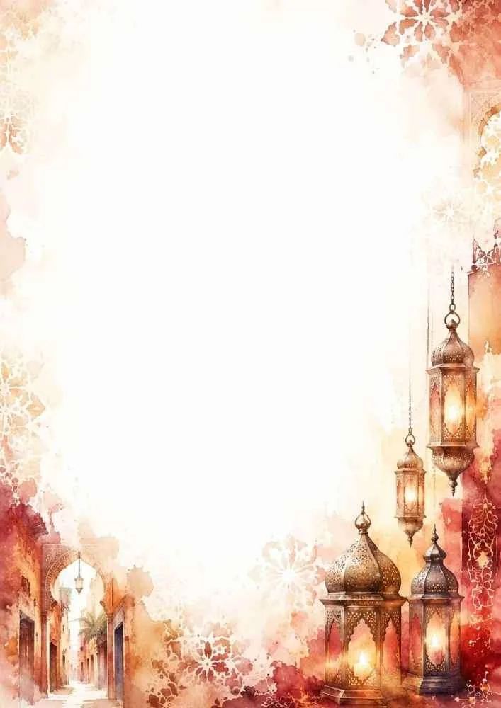 Watercolor border with glowing Moroccan lanterns and medina architecture.