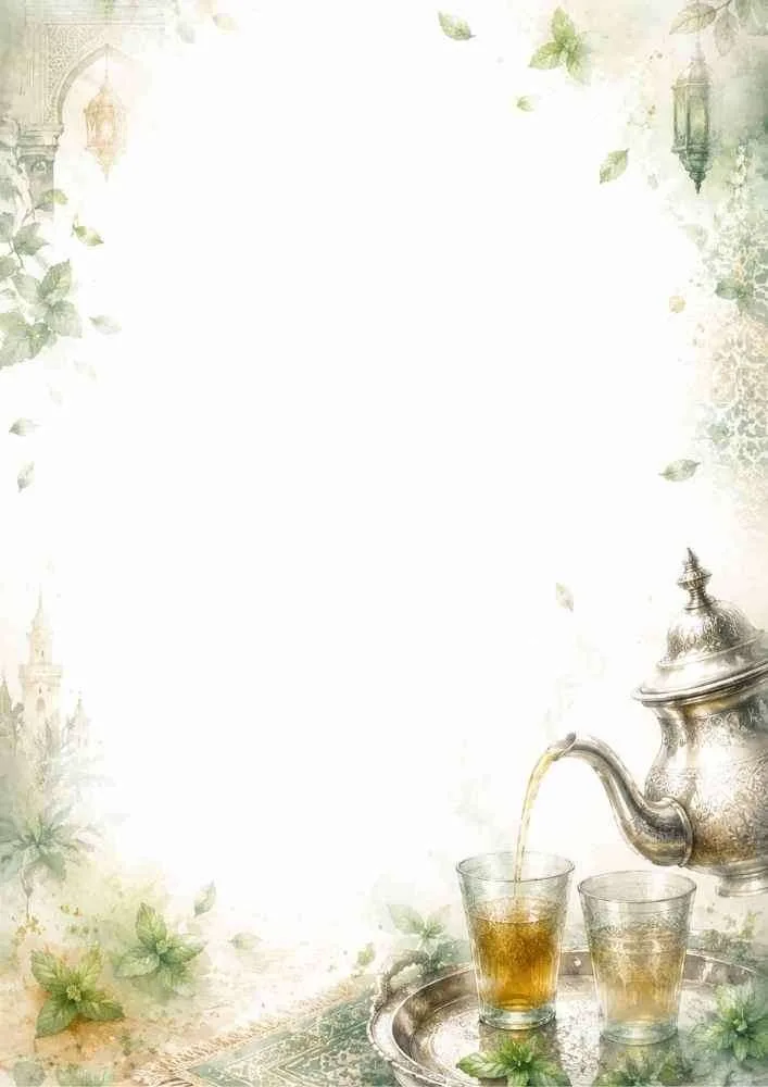 Watercolor border with Moroccan mint tea, silver teapot, and glasses.