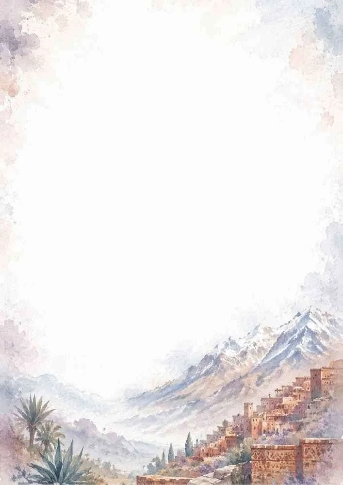 Watercolor border with an Atlas Mountain village and scenic peaks.