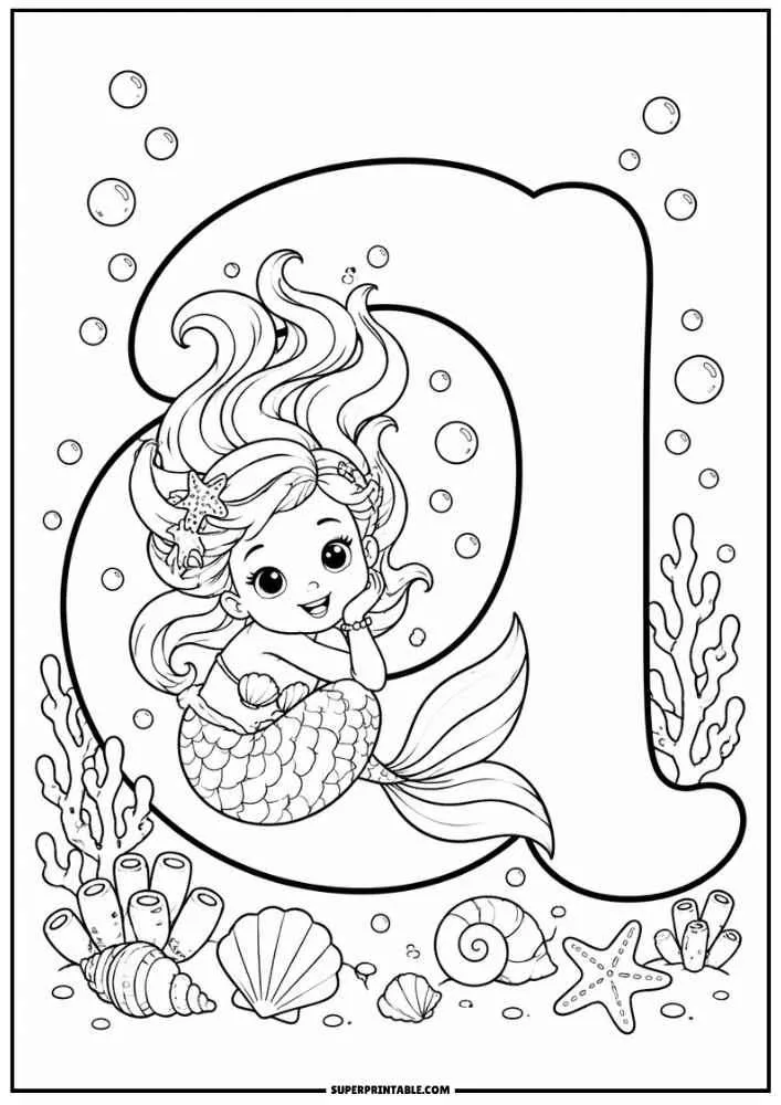 Lowercase letter A with a smiling mermaid, coral, shells, bubbles, and underwater plants.