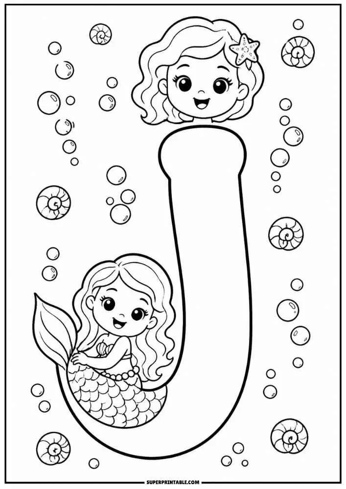 Lowercase letter J with a mermaid, bubbles, and seashells.