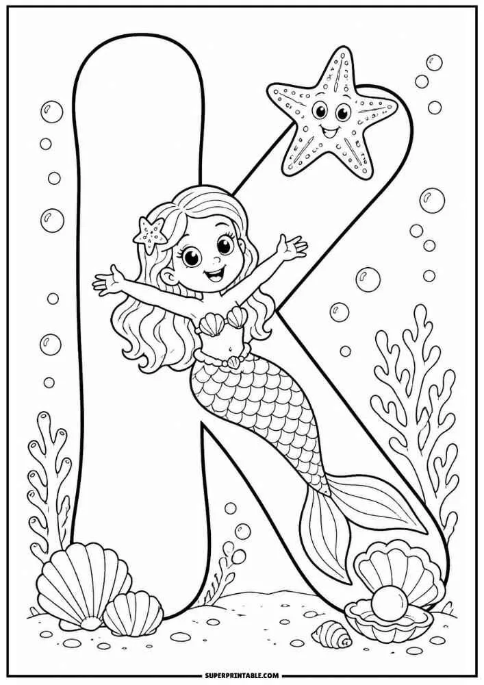Letter K with a mermaid, starfish, coral, shells, and bubbles.