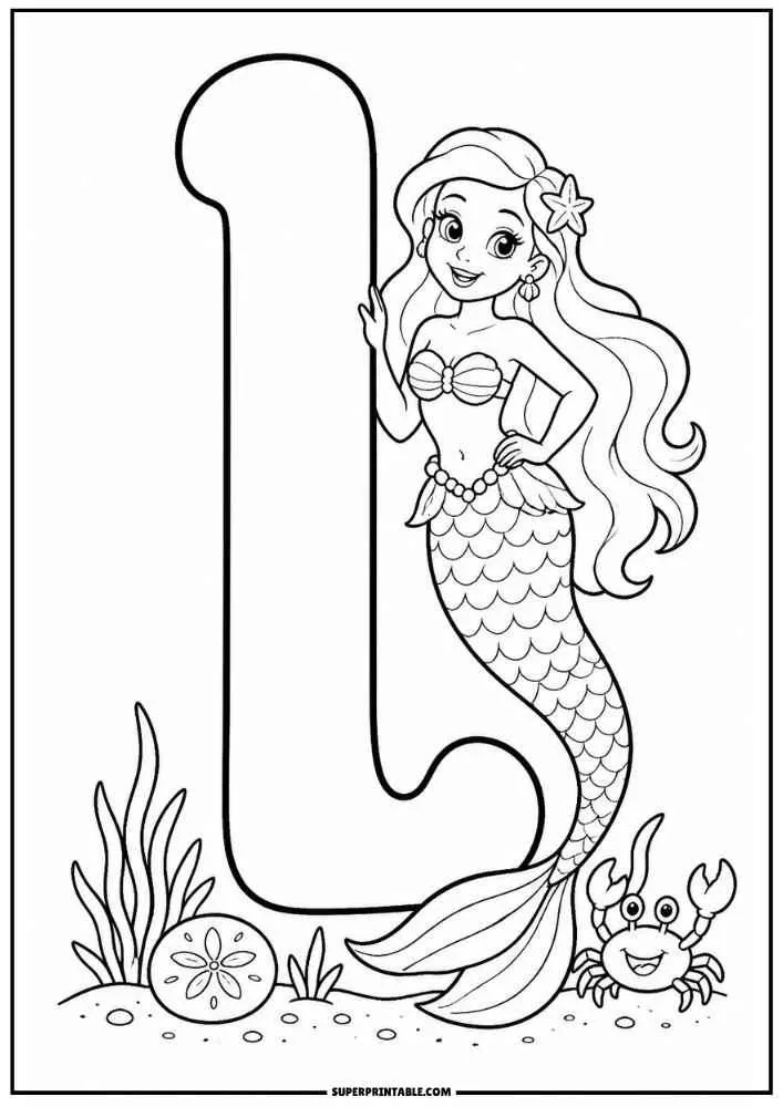Letter L with a mermaid, crab, seaweed, and ocean plants.