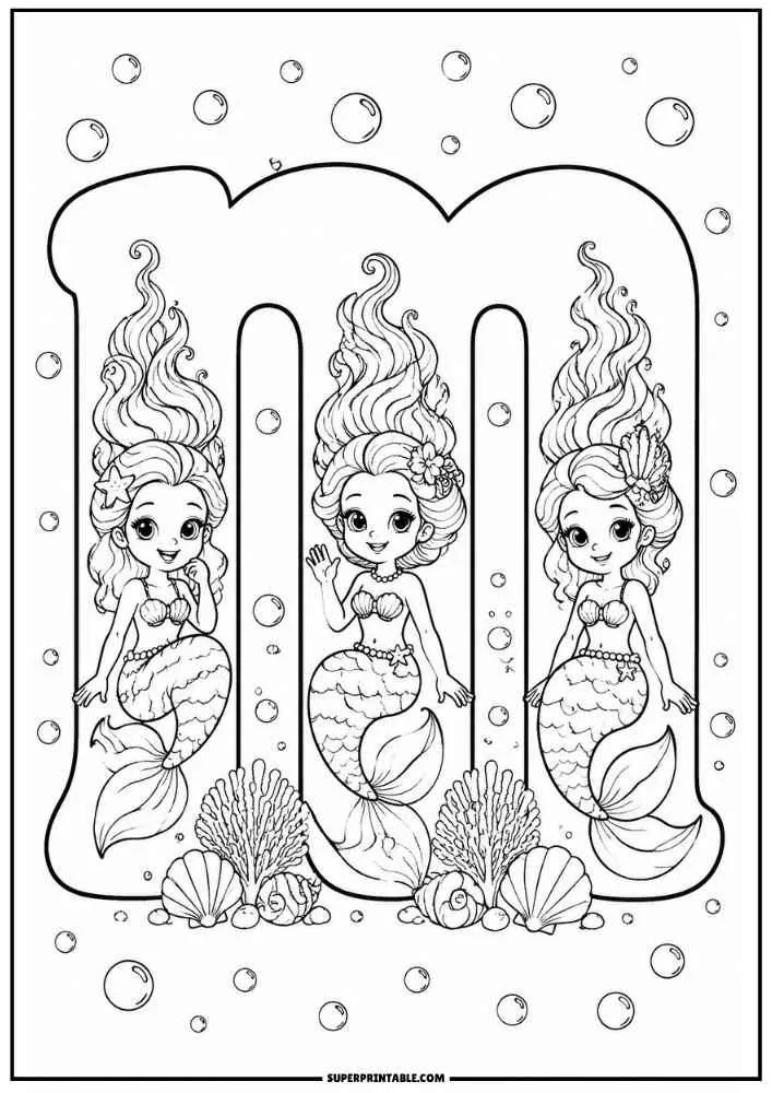 Letter M with three mermaids, coral, seashells, and bubbles.