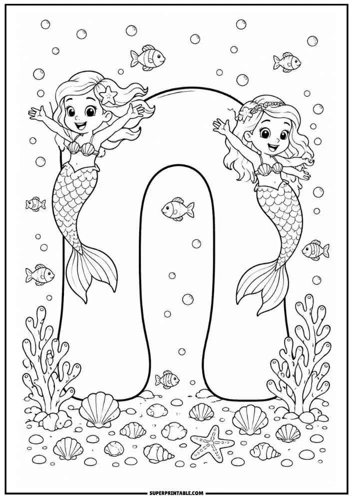 Letter N with two mermaids, fish, coral, shells, and bubbles.