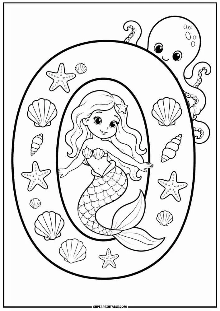 Letter O with a mermaid, octopus, seashells, and starfish.
