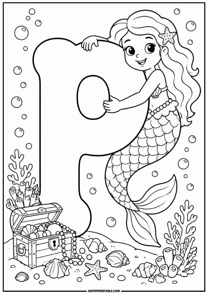 Letter P with a mermaid, treasure chest, coral, shells, and bubbles.