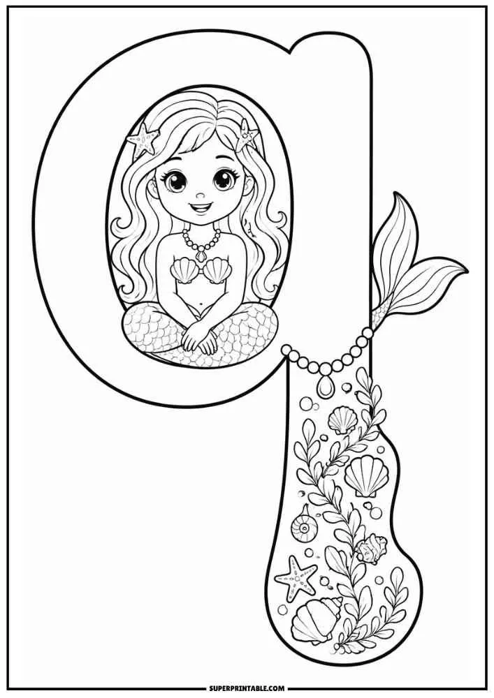 Letter Q with a mermaid, sea plants, shells, beads, and fish.