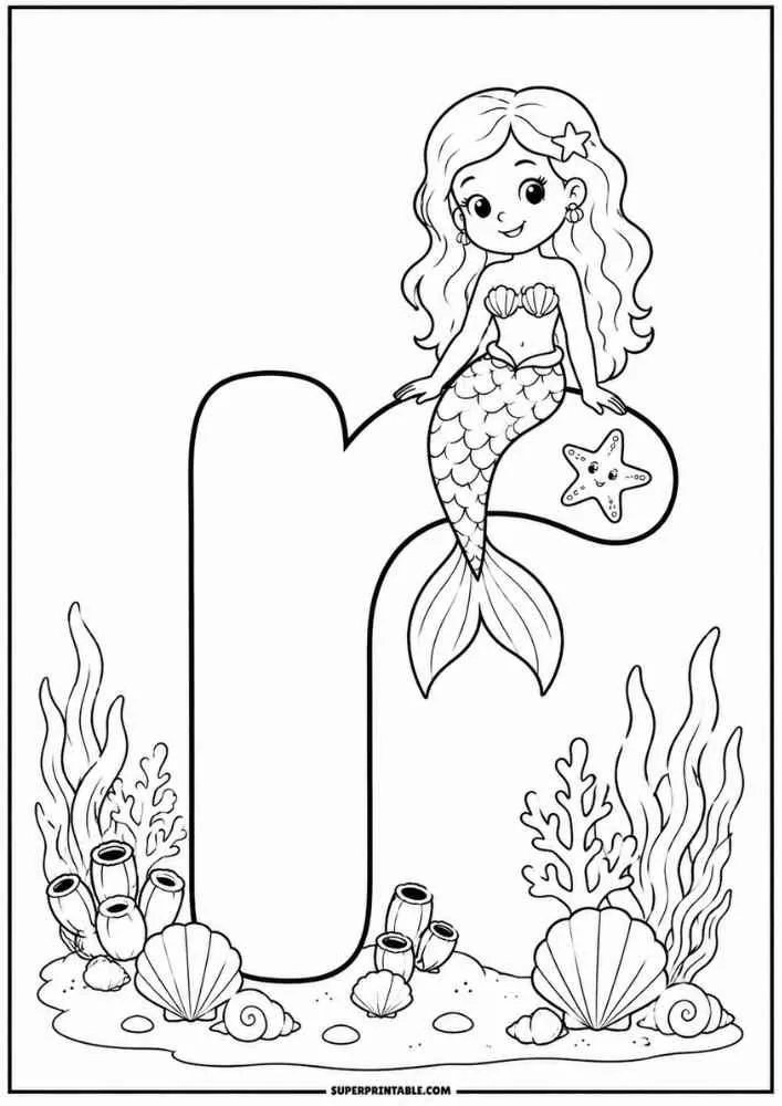 Letter R with a mermaid, coral, spiral shells, and bubbles.