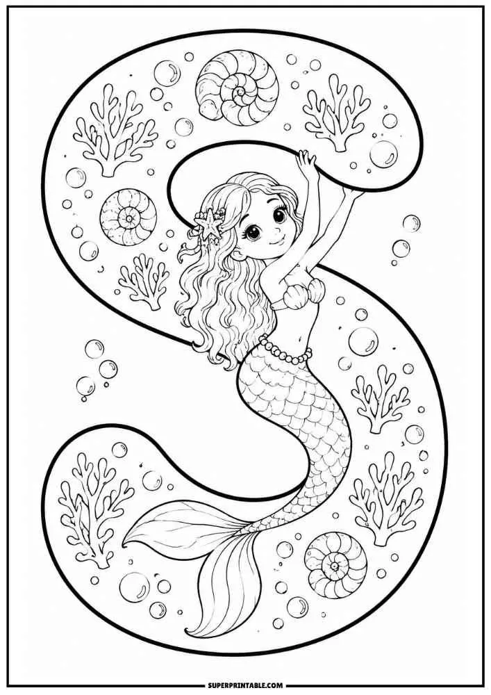 Letter T with a mermaid, fish, coral, shells, and sea plants.